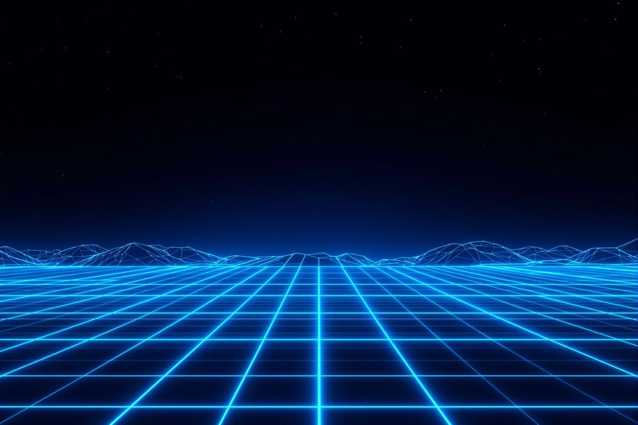 午夜影视背景 - 霓虹像素网格构成的数字电影世界