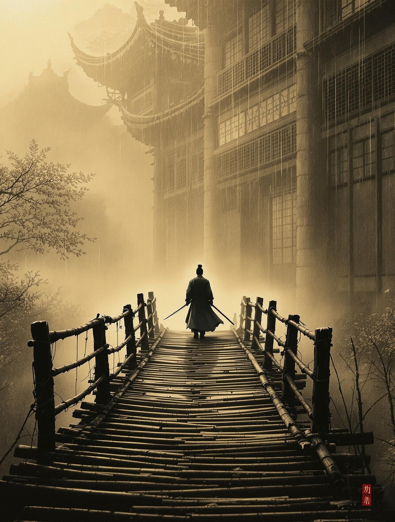 《武林像素传》武侠奇幻电影海报，像素化山水背景中侠客挥剑的剪影画面